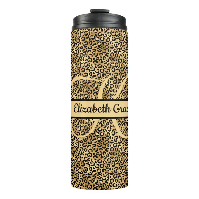 Monogram Name Black Gold Leopard Print Cheetah Thermal Tumbler (Front)