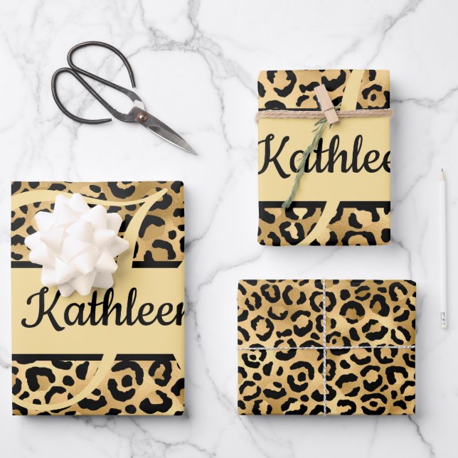 Monogram Name Black Gold Leopard Print Cheetah  Wrapping Paper Sheet (Front)