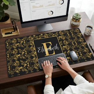 Monogram Name Black Gold Royal Baroque Damask Desk Mat