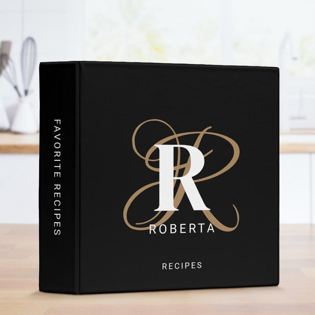 Monogram Name Black Gold Script Recipe Binder (Creator Uploaded)
