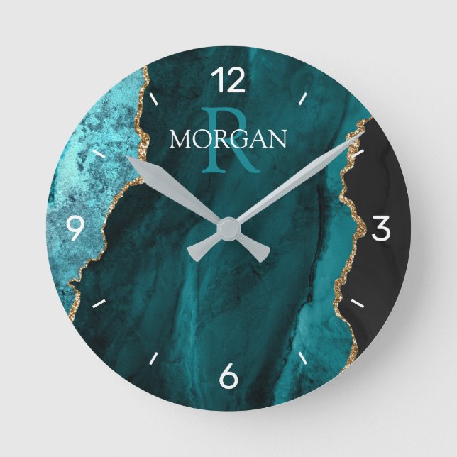 Monogram & Name Black Gold Teal Agate, Numbers Round Clock (Front)