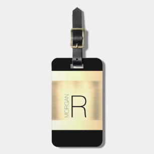 Monogram & Name, Black & Grey Text, Brushed Gold Luggage Tag
