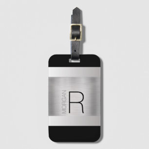 Monogram Name, Black Grey Text, Brushed Silver Luggage Tag