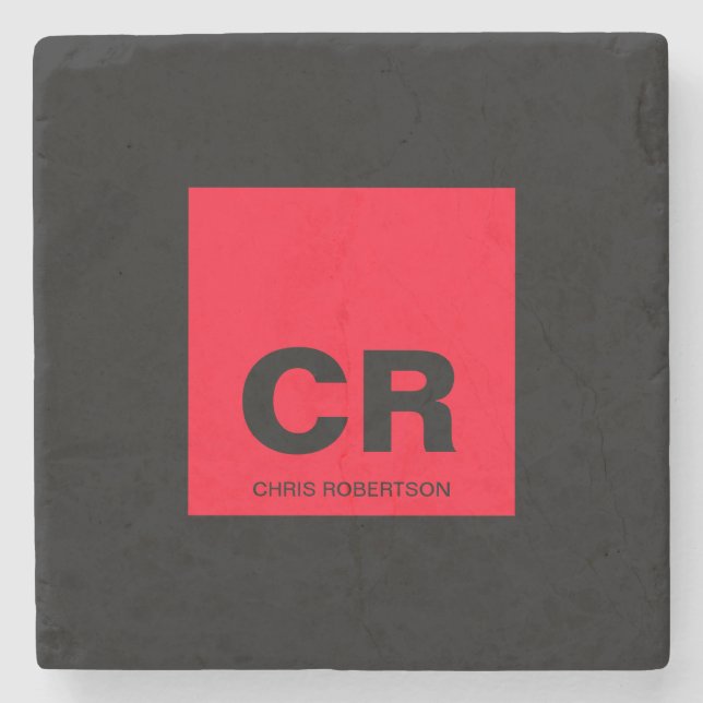 Monogram Name Black Red Create Custom Gift Stone Coaster (Front)