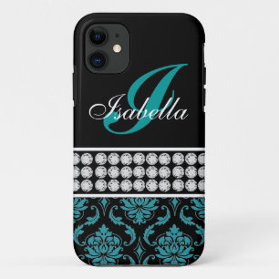Monogram Name Black Turquoise Damask iPhone 5 Case