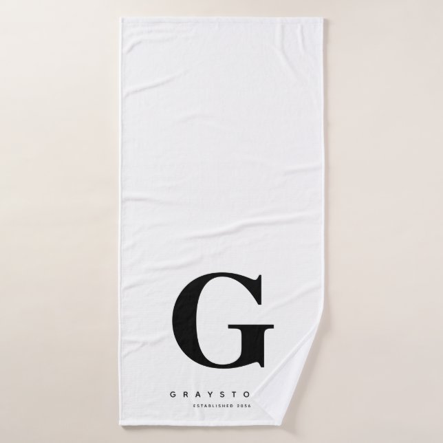 Monogram Name Black & White Modern Bath Towel (Bath Towel)