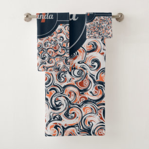 Monogram Name Black White Orange Abstract Pattern Bath Towel Set