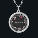Monogram Name Black White Pink Red Floral Wreath  Silver Plated Necklace<br><div class="desc">Personalized Monogrammed Black,  White,  Pink Red Floral Wreath Silver Plated Necklace. Great gift for bridesmaids or for any woman.</div>
