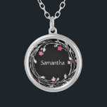 Monogram Name Black White Pink Red Floral Wreath  Silver Plated Necklace<br><div class="desc">Personalized Monogrammed Black,  White,  Pink Red Floral Wreath Silver Plated Necklace. Great gift for bridesmaids or for any woman.</div>