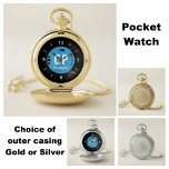 Monogram name blue and black with arrow and dots pocket watch<br><div class="desc">Personalize this pocket watch with initials and a name. The words 'Don't be Late, ' can also be changed.
Designed in black,  white with a blue circle and a black arrow</div>