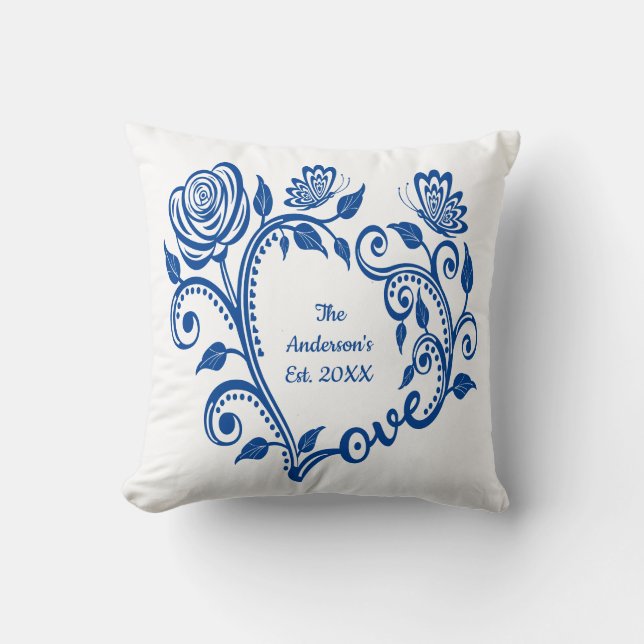 Monogram Name Blue Butterflies Flowers Love Heart Throw Pillow (Front)