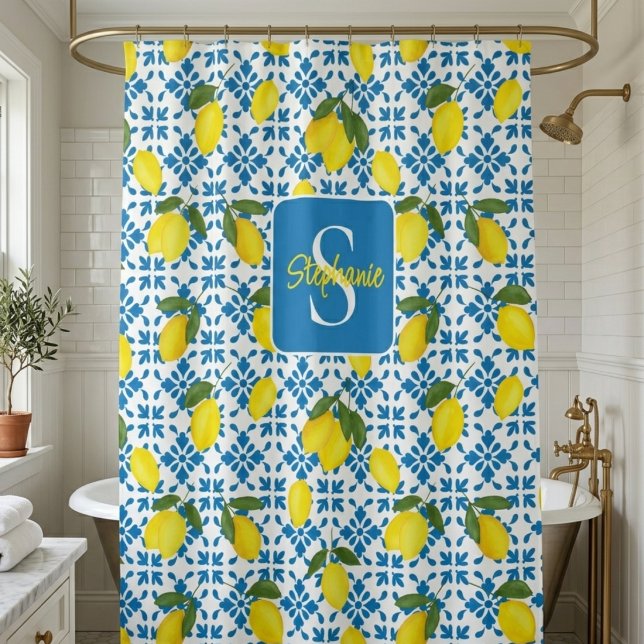 Monogram Name Blue French Tile Lemon Pattern  (Creator Uploaded)