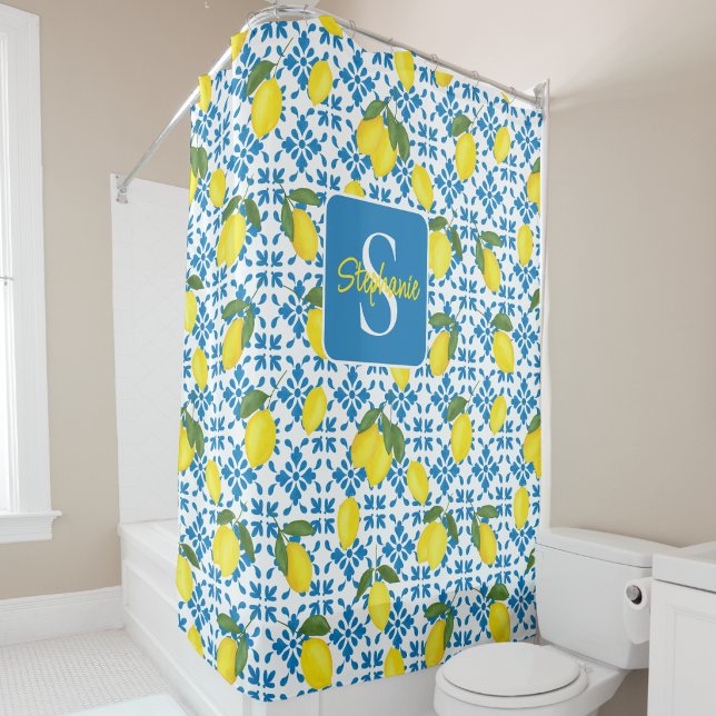 Monogram Name Blue French Tile Lemon Pattern  (Creator Uploaded)