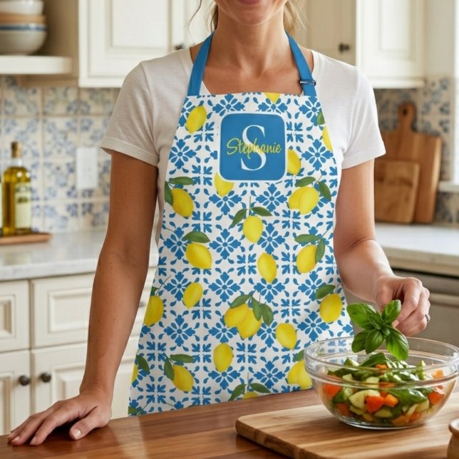 Monogram Name Blue French Tile Lemon Pattern  Apron (Creator Uploaded)