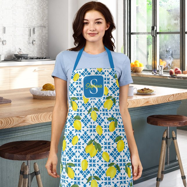 Monogram Name Blue French Tile Lemon Pattern  Apron (Creator Uploaded)