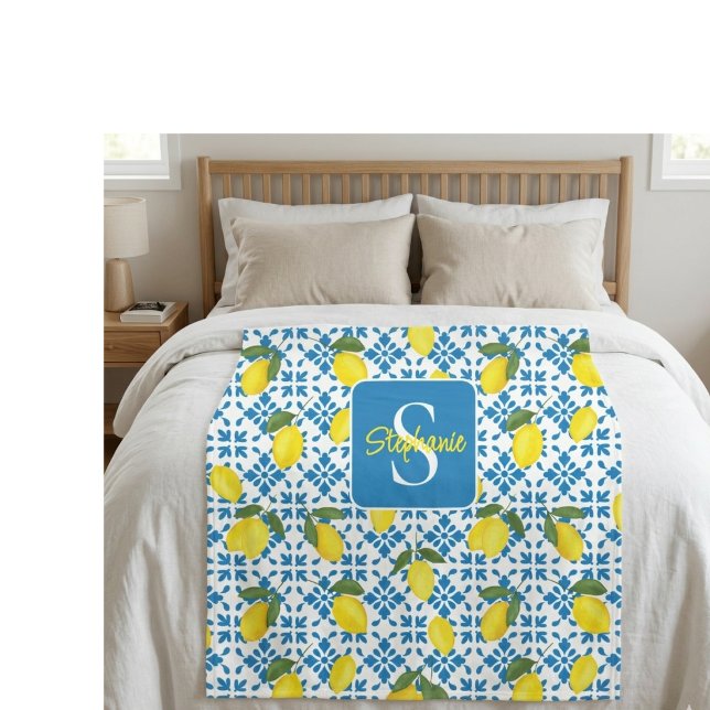 Monogram Name Blue French Tile Lemon Pattern  Fleece Blanket (Creator Uploaded)
