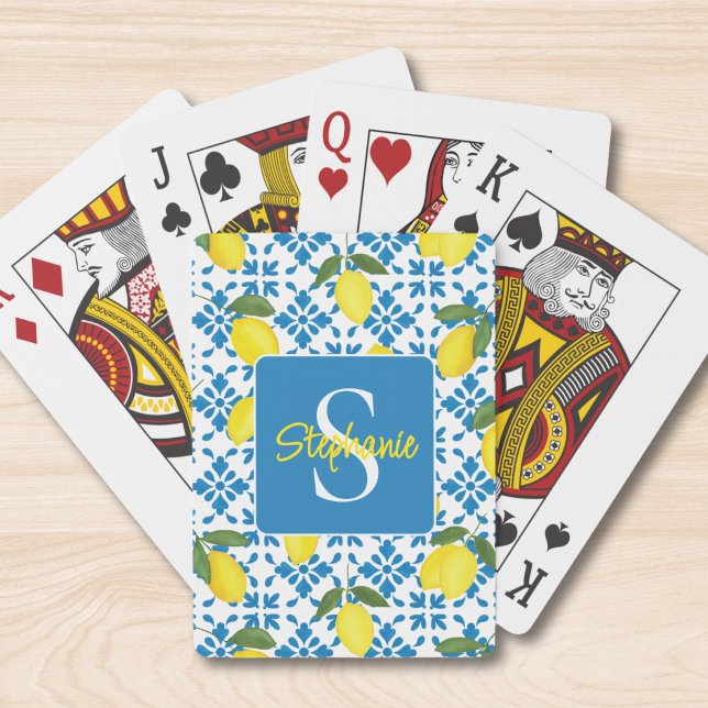 Monogram Name Blue French Tile Lemon Pattern  Playing Cards (Creator Uploaded)