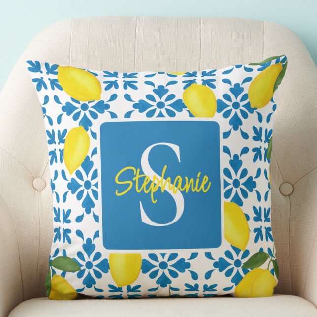 Monogram Name Blue French Tile Lemon Pattern  Throw Pillow (Creator Uploaded)