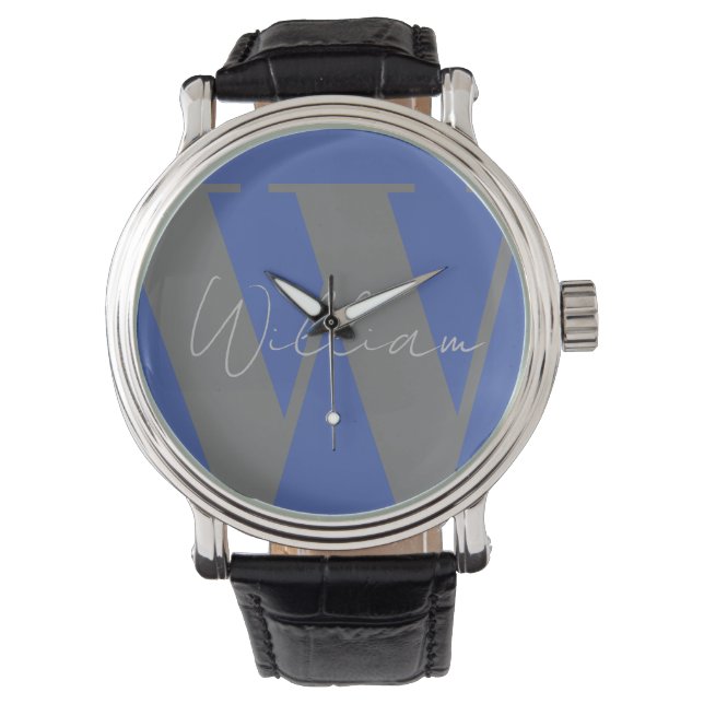 Monogram name blue gray stylish modern gift design watch (Front)