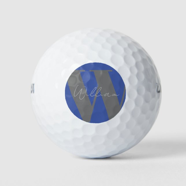 Monogram name blue gray stylish modern golf balls (Front)