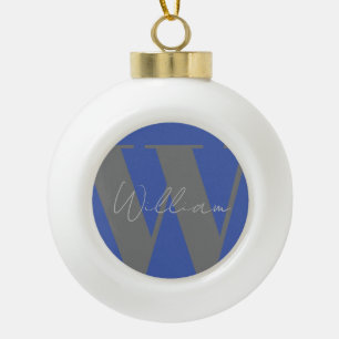 Monogram name blue grey stylish modern gift design ceramic ball christmas ornament
