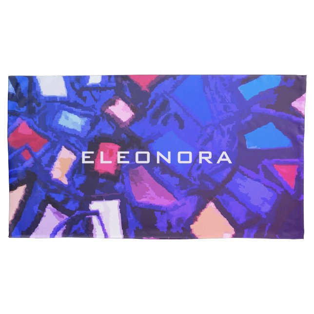 Monogram name blue navy colourful abstract bold  pillowcase (Front-Left)