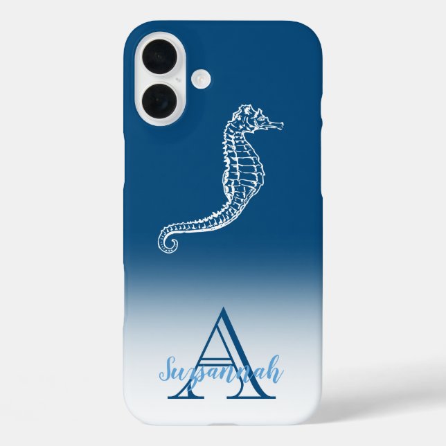 Monogram Name Blue Ombre Tropical Seahorse Case-Mate iPhone Case (Back)