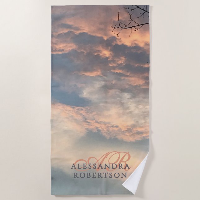 Monogram Name Blue Peach Summer Sky Clouds Sunset  Beach Towel (Front)