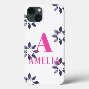 Monogram Name Blue Pink Retro Flower Watercolor iPhone 13 Case