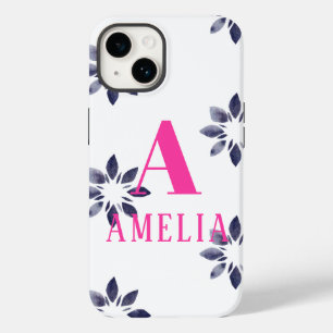 Monogram Name Blue Pink Watercolor Retro Flower  Case-Mate iPhone 14 Case