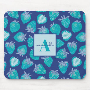 Monogram Name Blue Summer Strawberry Pattern Mouse Pad