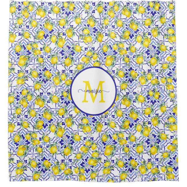 Monogram Name Blue Tile French Country Lemon (Front)