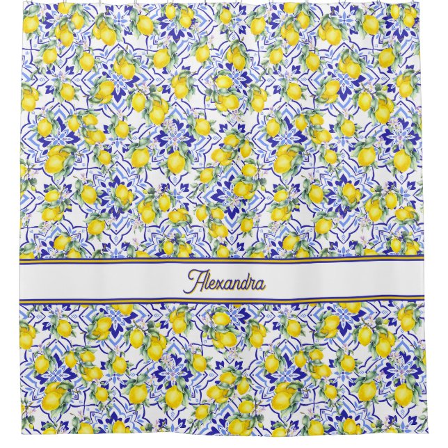 Monogram Name Blue Tile French Country Lemon (Front)