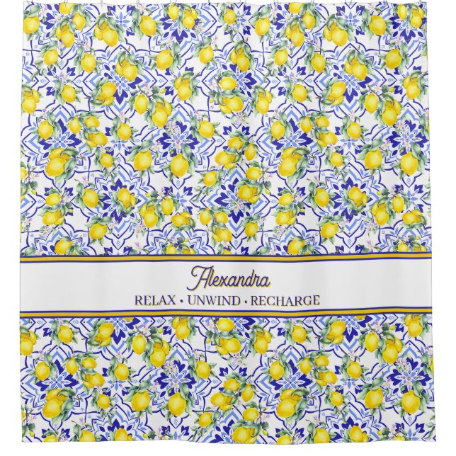 Monogram Name Blue Tile French Country Lemon (Front)