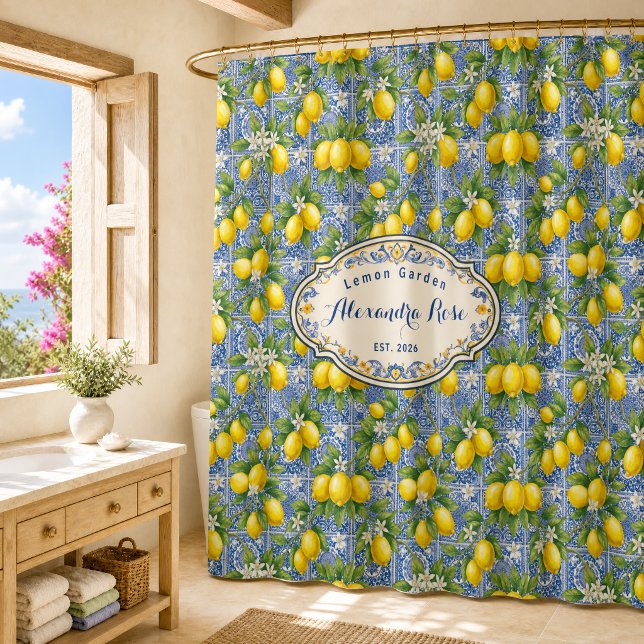 Monogram Name Blue Tile French Country Lemon (Creator Uploaded)