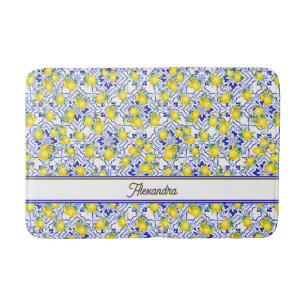 Monogram Name Blue Tile French Country Lemon Bath Mat
