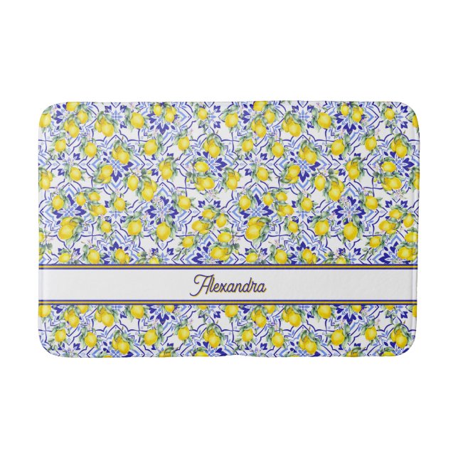 Monogram Name Blue Tile French Country Lemon Bath Mat (Front)