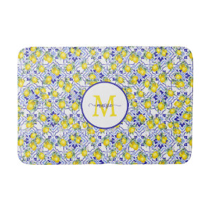 Monogram Name Blue Tile French Country Lemon Bath Mat