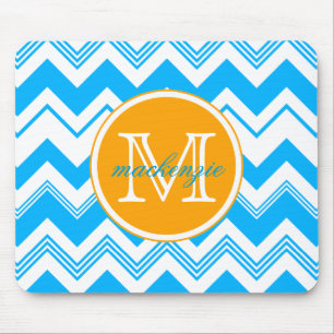 Monogram Name Blue White Chevron Pattern Mouse Pad