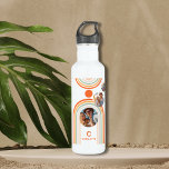 Monogram Name Boho Arch Multi Photo Trendy Girly 710 Ml Water Bottle<br><div class="desc">Monogram Name Boho Arch Multi Photo Trendy Girly Mid Century Stainless Steel Water Bottle features a photo collage of three of your favourite photos on a bohemian arch in orange and blue on a white background with your personalized name and monogram in a modern orange script. Personalize by editing the...</div>