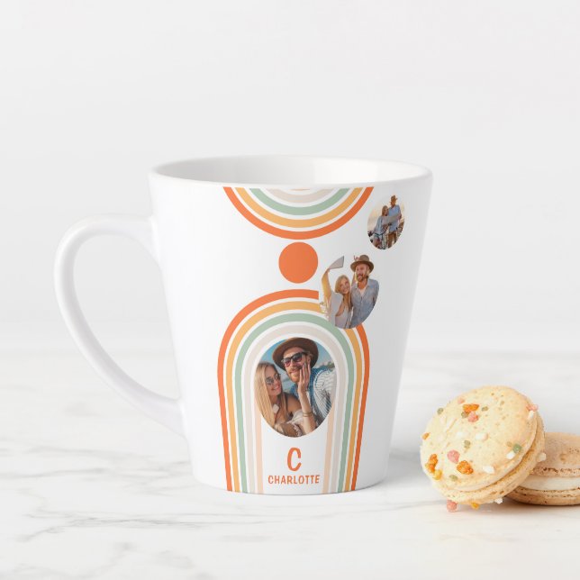 Monogram Name Boho Arch Multi Photo Trendy Girly Latte Mug (In Situ)