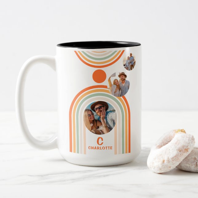 Monogram Name Boho Arch Multi Photo Trendy Girly Two-Tone Coffee Mug (With Donut)