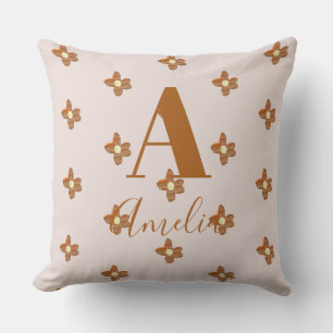 Monogram Name Boho Flower Beige Brown Throw Pillow