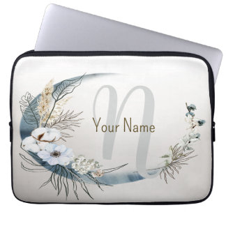 Monogram Name Boho White Orchid Flowers Blue Moon Laptop Sleeve
