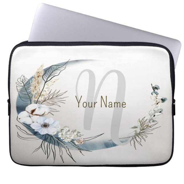 Monogram Name Boho White Orchid Flowers Blue Moon Laptop Sleeve (Front)