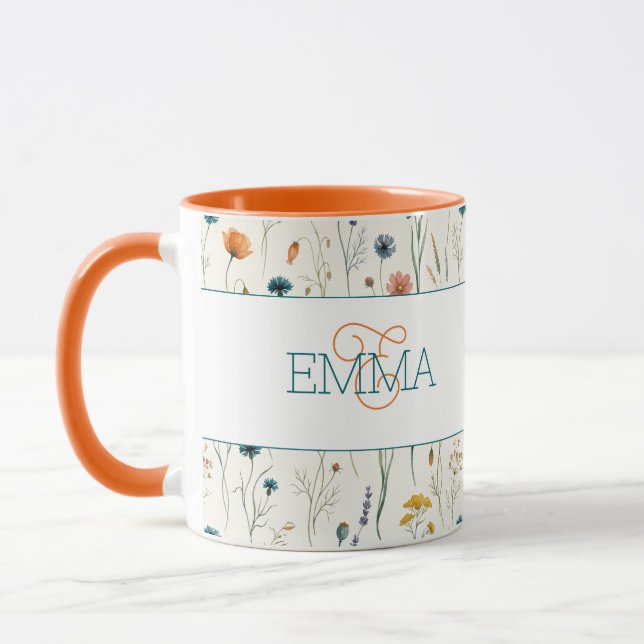 Monogram Name Boho Wildflower Pattern Orange Teal Mug (Left)