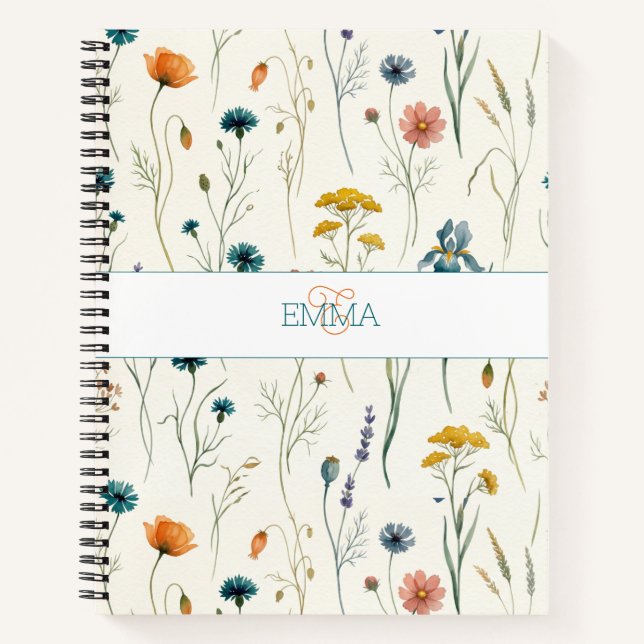 Monogram Name Boho Wildflower Pattern Orange Teal Notebook (Front)