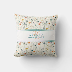 Monogram Name Boho Wildflower Pattern Orange Teal Throw Pillow