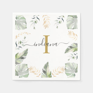 Monogram Name Botanical Palms Green Gold Leaves Napkin