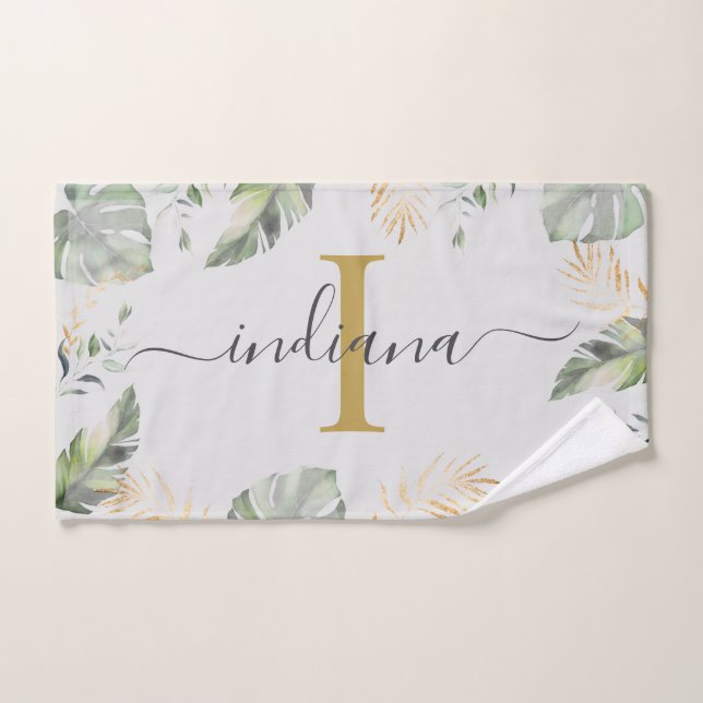 Monogram Name Botanical Palms Leaves Green Gold Hand Towel (Hand Towel)